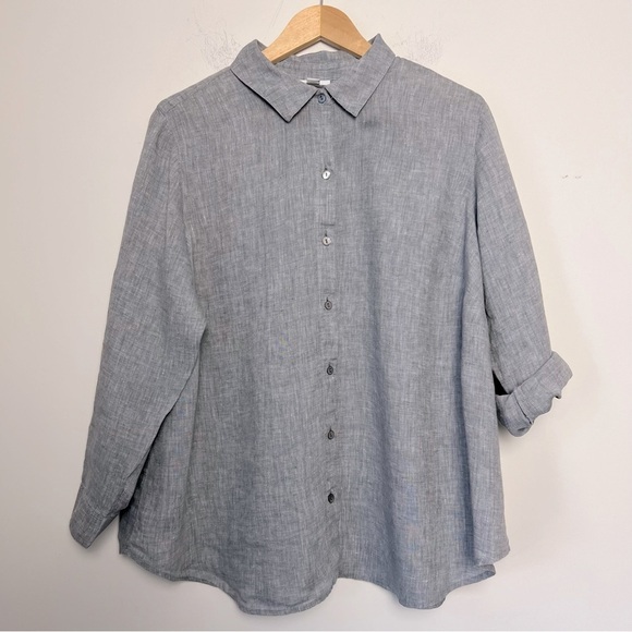 J.Jill Love Linen Gray Blue Button-Up Relaxed Fit Classic Shirt Staple Coastal - Picture 1 of 12